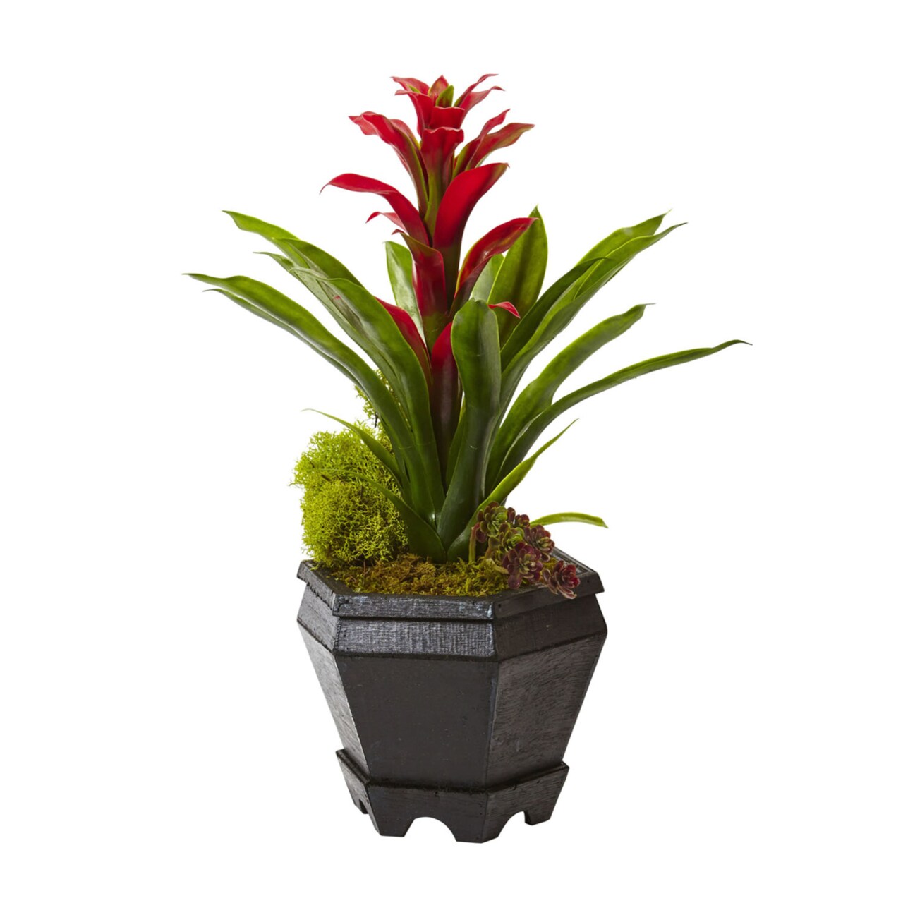 Nearly Natural Home Decor Bromeliad in Black Hexagon Planter - Red